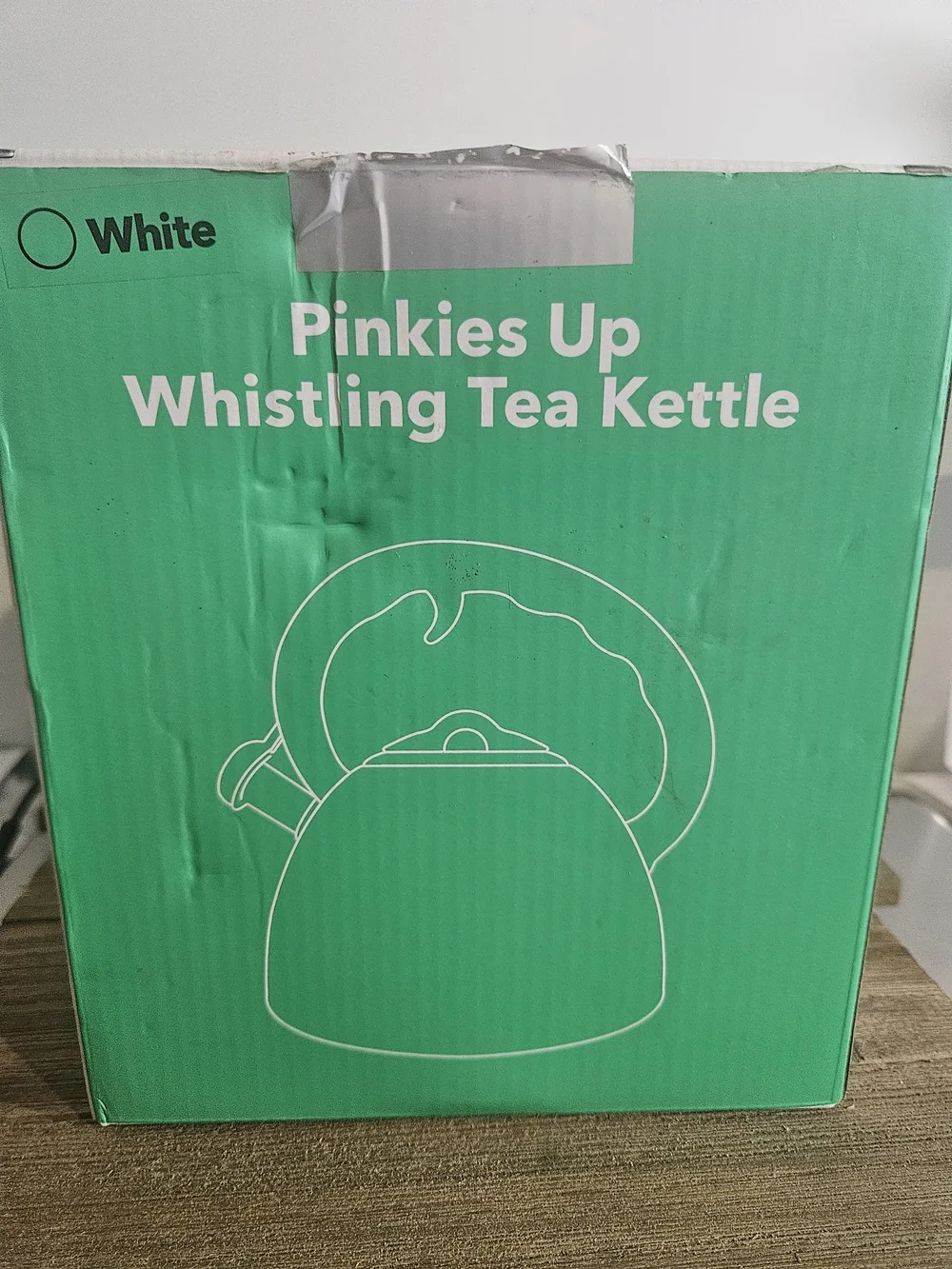 Pinkies Up Whistling Tea Kettle White/black New In Box.
